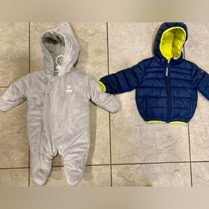 Excellent condition. Baby snow suit 0-3 months NWOT, 6-9 months puffer jacket.